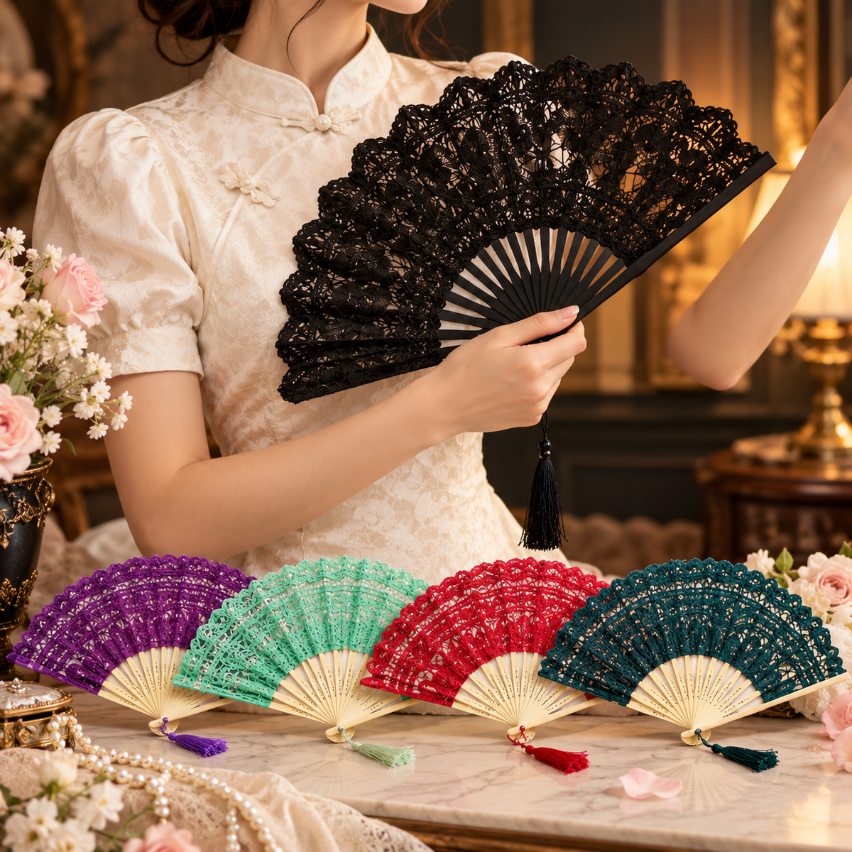 Vintage Bamboo Lace Folding Fan